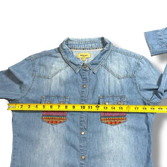 Beulah Womens Southwestern Aztec Embroidered Chambray Denim Button Up Shirt Med - Picture 11 of 16